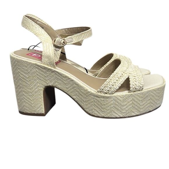 Chunky High Heels Size 10 Pop Applaud Natural Woven Buckle Closure Summer - Picture 1 of 10